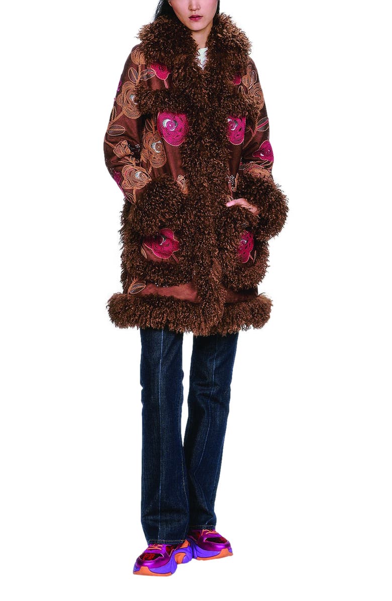Anna Sui Poiret Rose Embroidered Faux Suede Faux Fur Trim Coat, Alternate, color, Caramel Multi