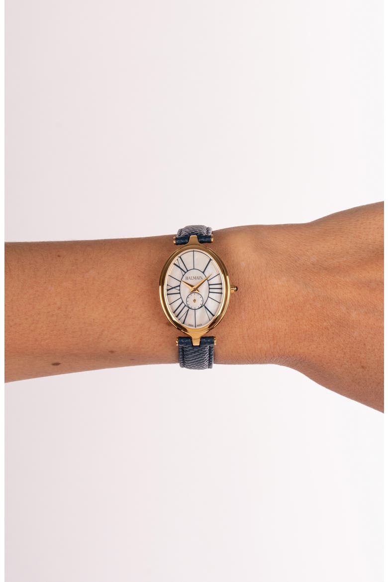 Haute Elegance Oval Leather Strap Watch, 26mm x 32mm, Alternate, color, YELLOW GOLD BLUE