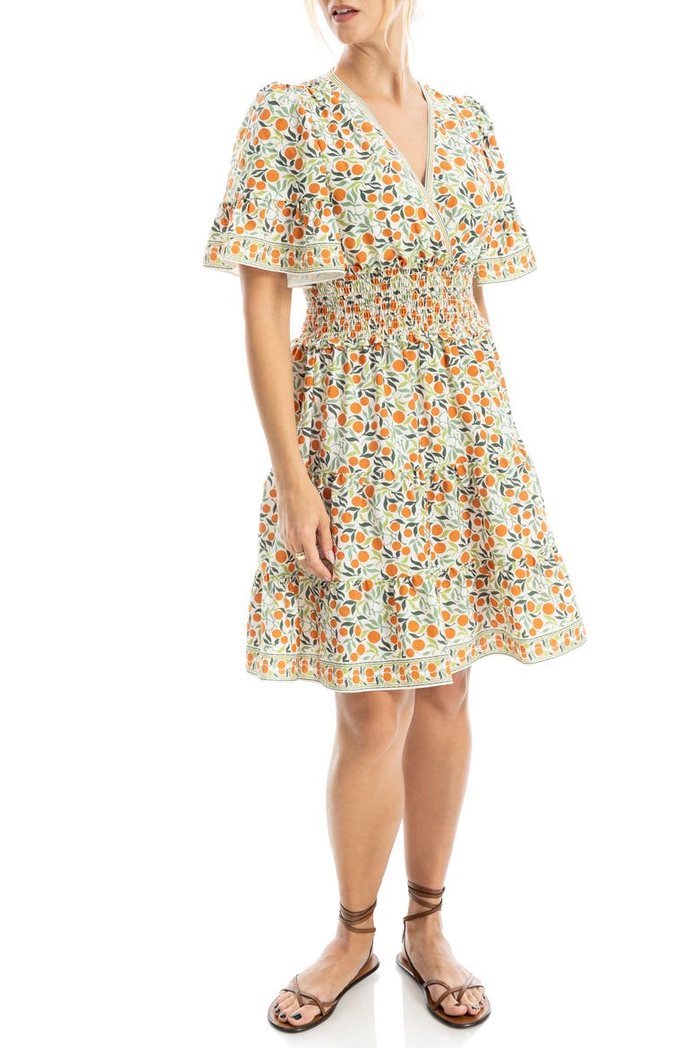 Short Sleeve Tiered Crepe Dress, Alternate, color, CREAM/ ORANGE TANGERINES