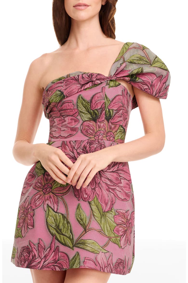 Olive Floral Jacquard Off the Shoulder Cocktail Minidress, Alternate, color, BRIGHT FUCHSIA MULTI