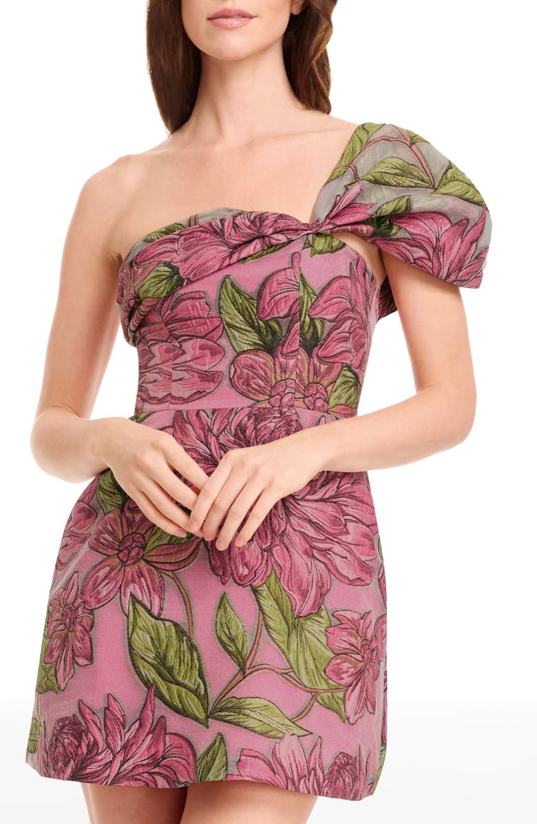 Dress the Population Olive Floral Jacquard Off the Shoulder Cocktail Minidress, Alternate, color, Bright Fuchsia Multi