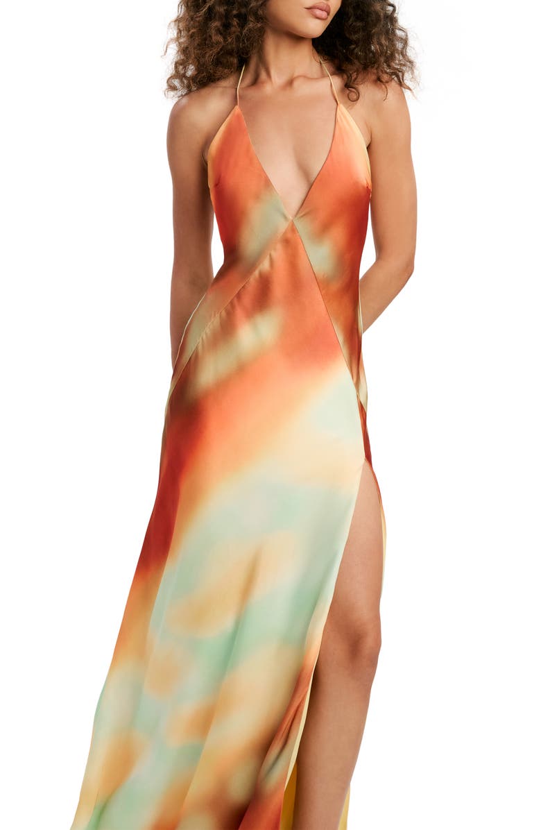 Bardot Lizbeth Abstract Sunrise Print Satin Maxi Dress, Alternate, color, Sunrise Abstract