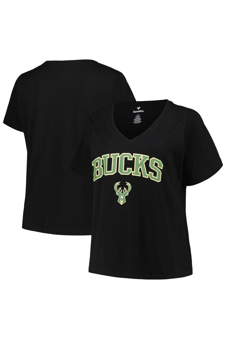 Women's Profile Black Milwaukee Bucks Plus Size Arch Over Logo V-Neck T-Shirt, Main, color, Black
