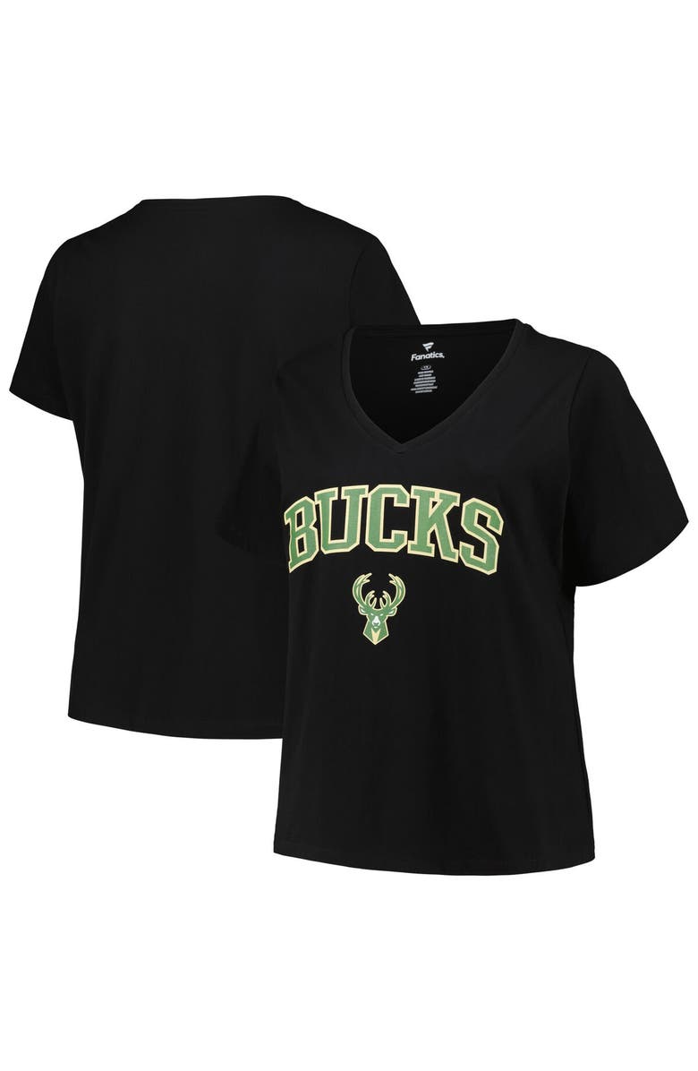 PROFILE Women's Profile Black Milwaukee Bucks Plus Size Arch Over Logo V-Neck T-Shirt, Main, color, Black