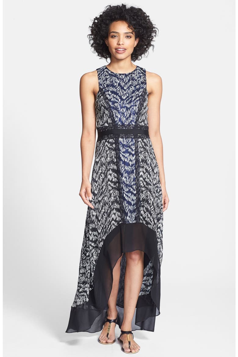 Ivy & Blu Ikat Print High/Low Chiffon Maxi Dress, Main, color, NAVY/ BLACK