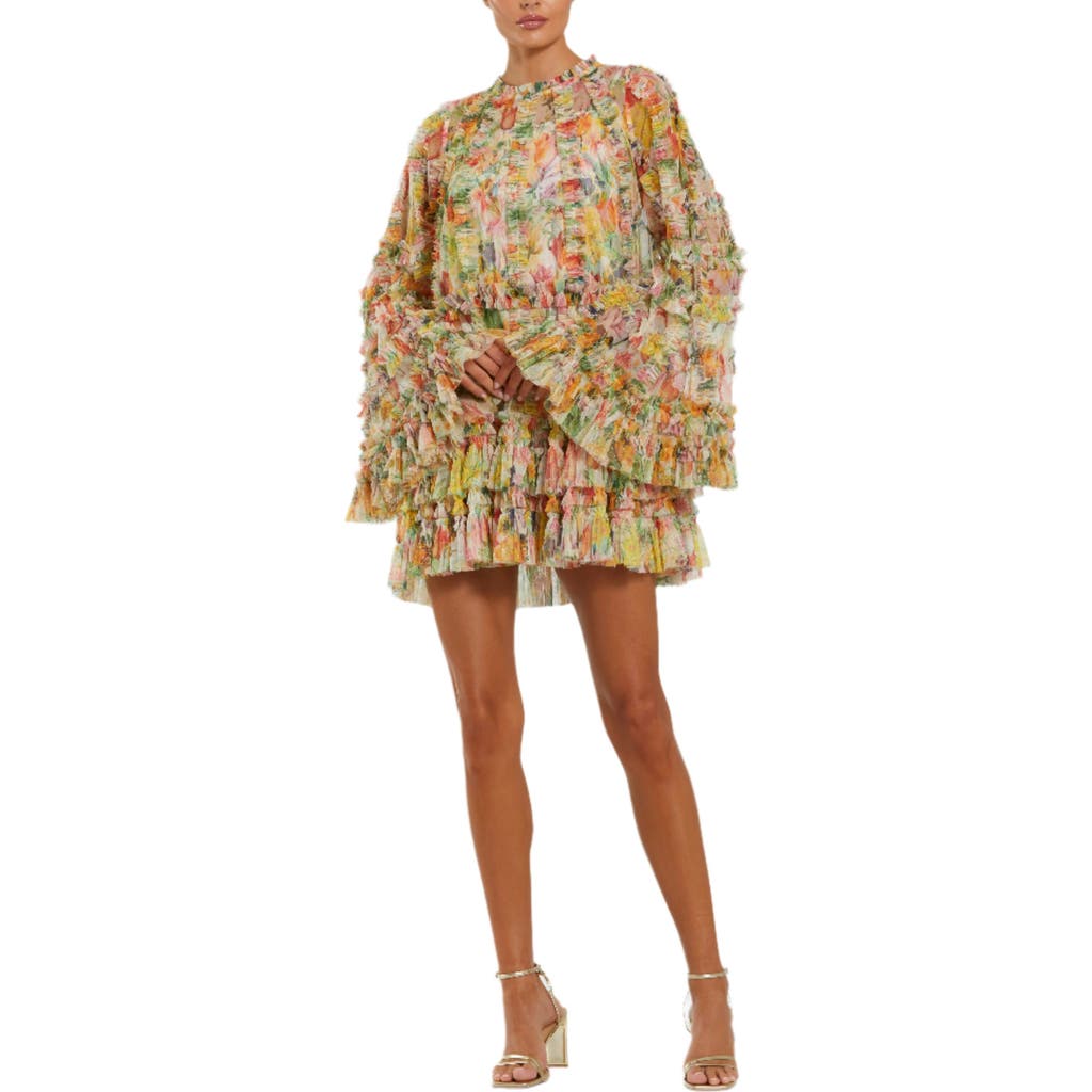 Mac Duggal Printed Mesh Ruffle High Neck Mini Dress