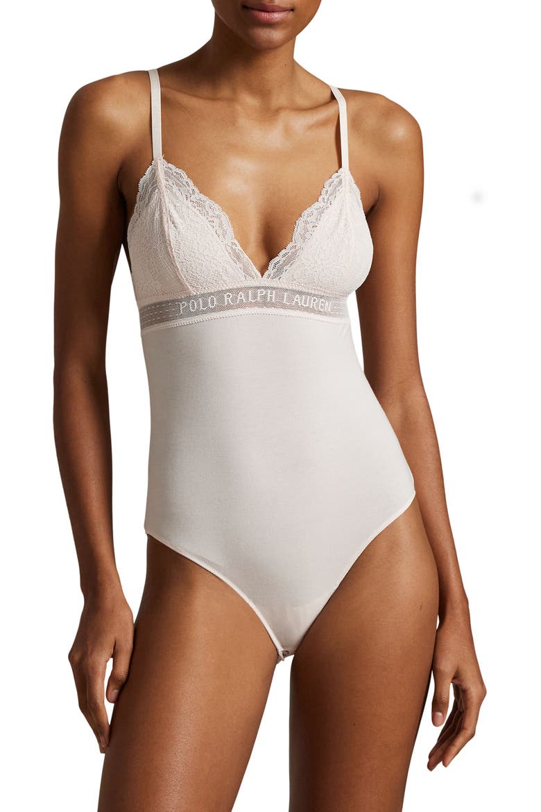 Lace & Stretch Cotton Rib Triangle Bodysuit, Main, color, GARDEN ROSE