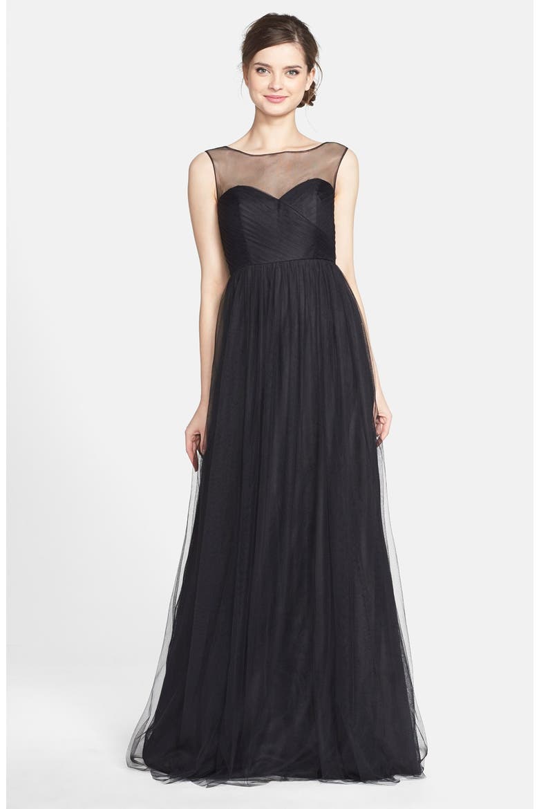 Aria Illusion Yoke Pleated Tulle Gown, Main, color, ONYX