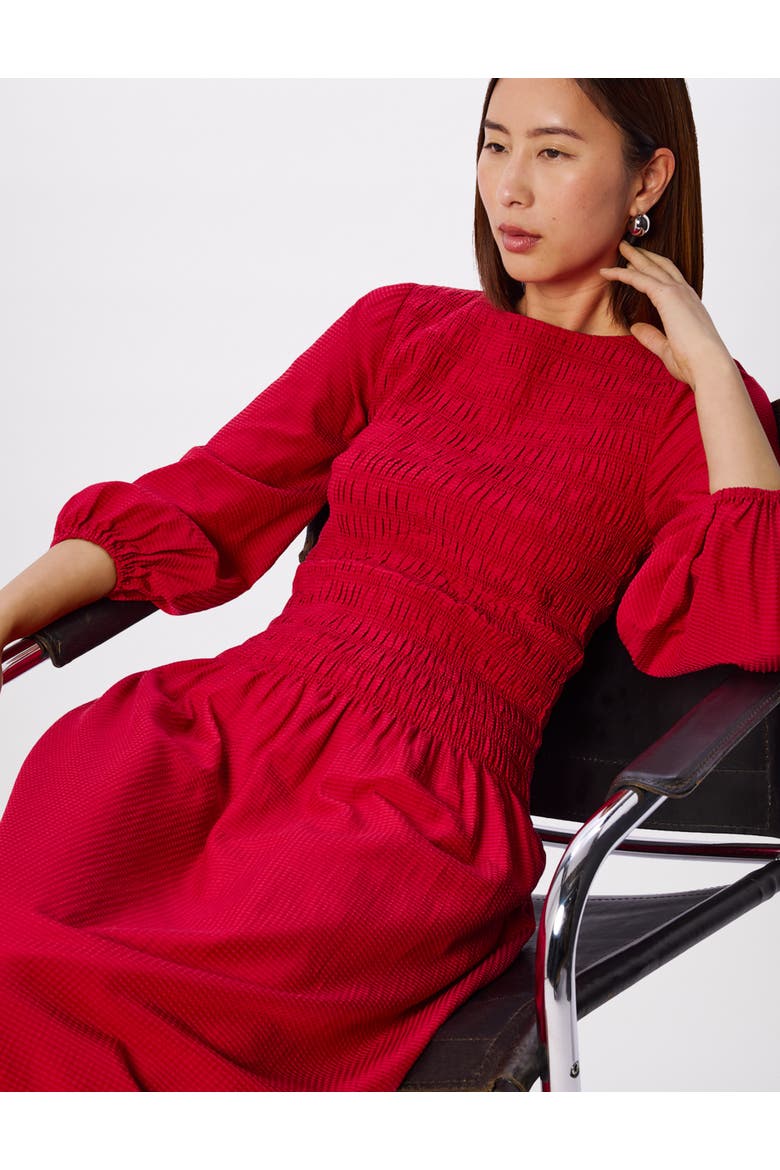 Smocked Bodice Midi Dress, Alternate, color, Red