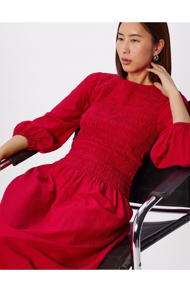 Whistles Smocked Bodice Midi Dress, Alternate, color, Red