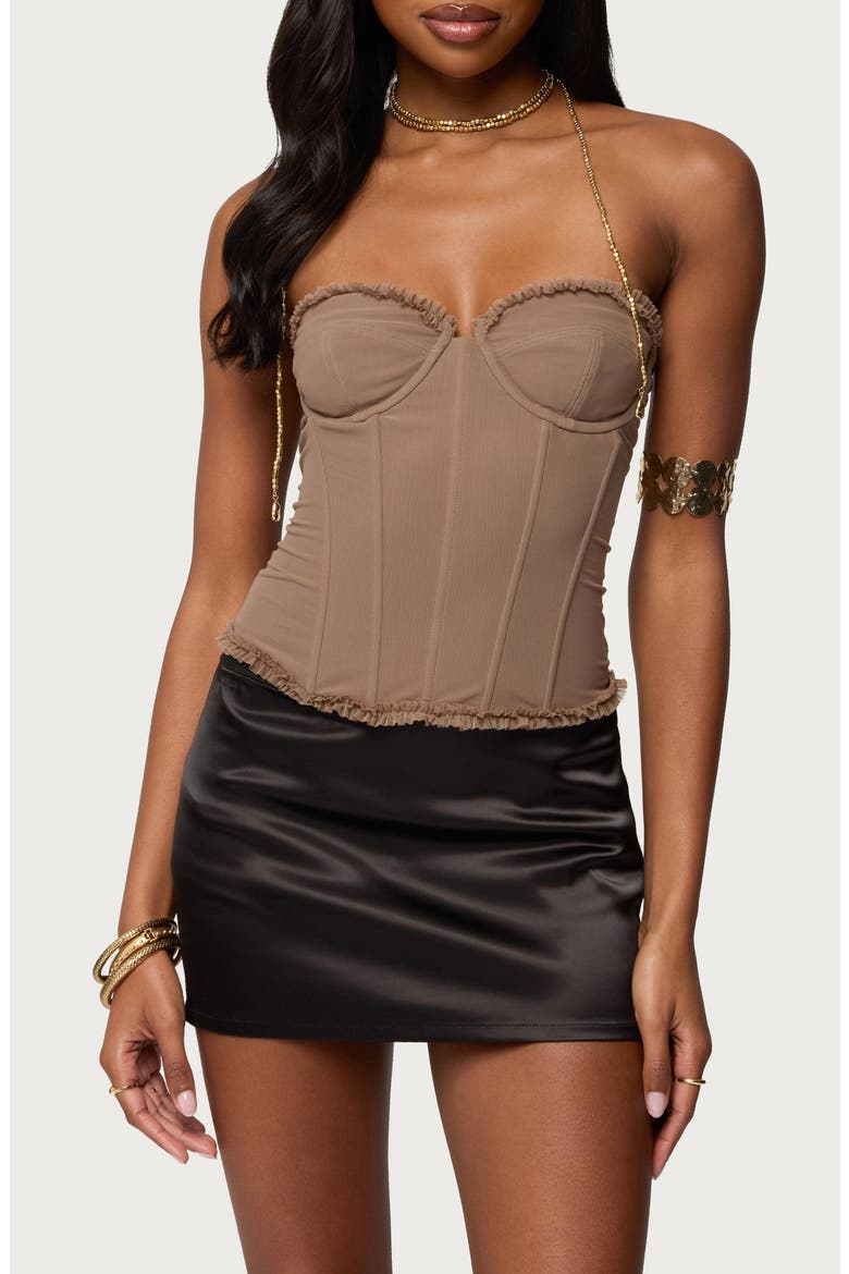 Deirdre Lace-Up Strapless Mesh Corset Top, Main, color, BROWN
