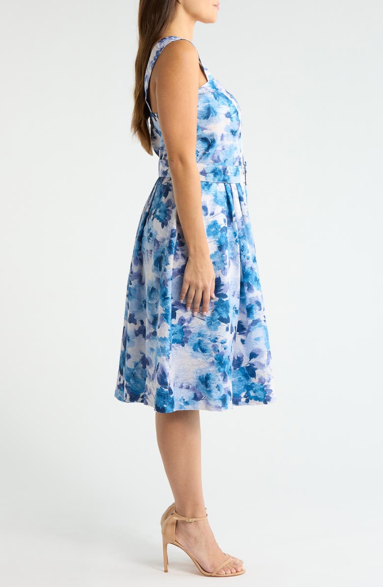 Tahari ASL Floral Print Belted Sleeveless Dress, Alternate, color, Blue Multi