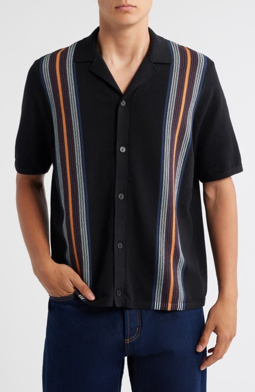 Wax London Ivy Stripe Knit Cotton Camp Shirt In Black