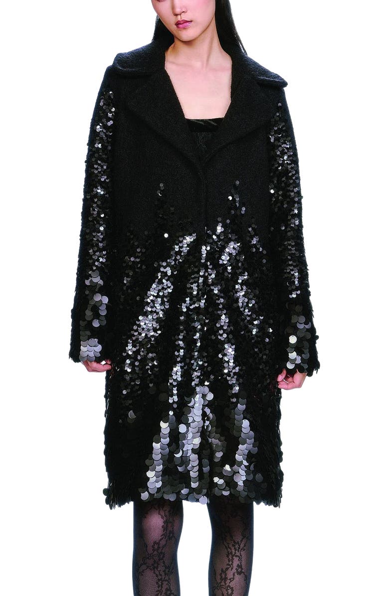 Anna Sui Pailettes Wool Coat, Alternate, color, Black