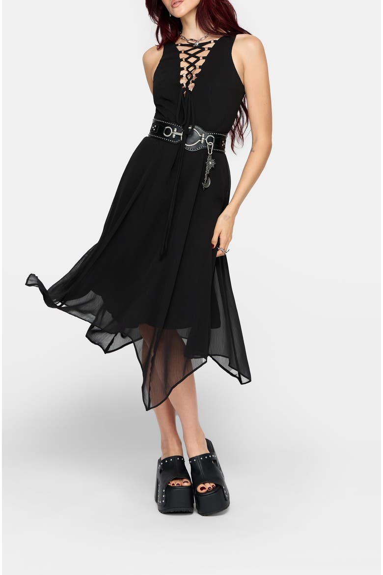 Luciana Lace Up Neck Chiffon Midi Dress, Alternate, color, Black
