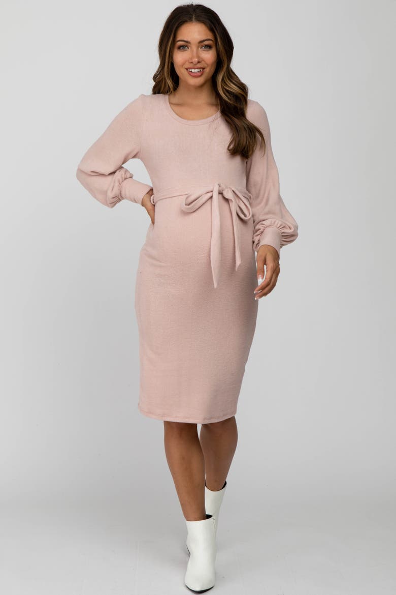 Soft Brushed Waist Tie Bubble Sleeve Dress, Main, color, Pink