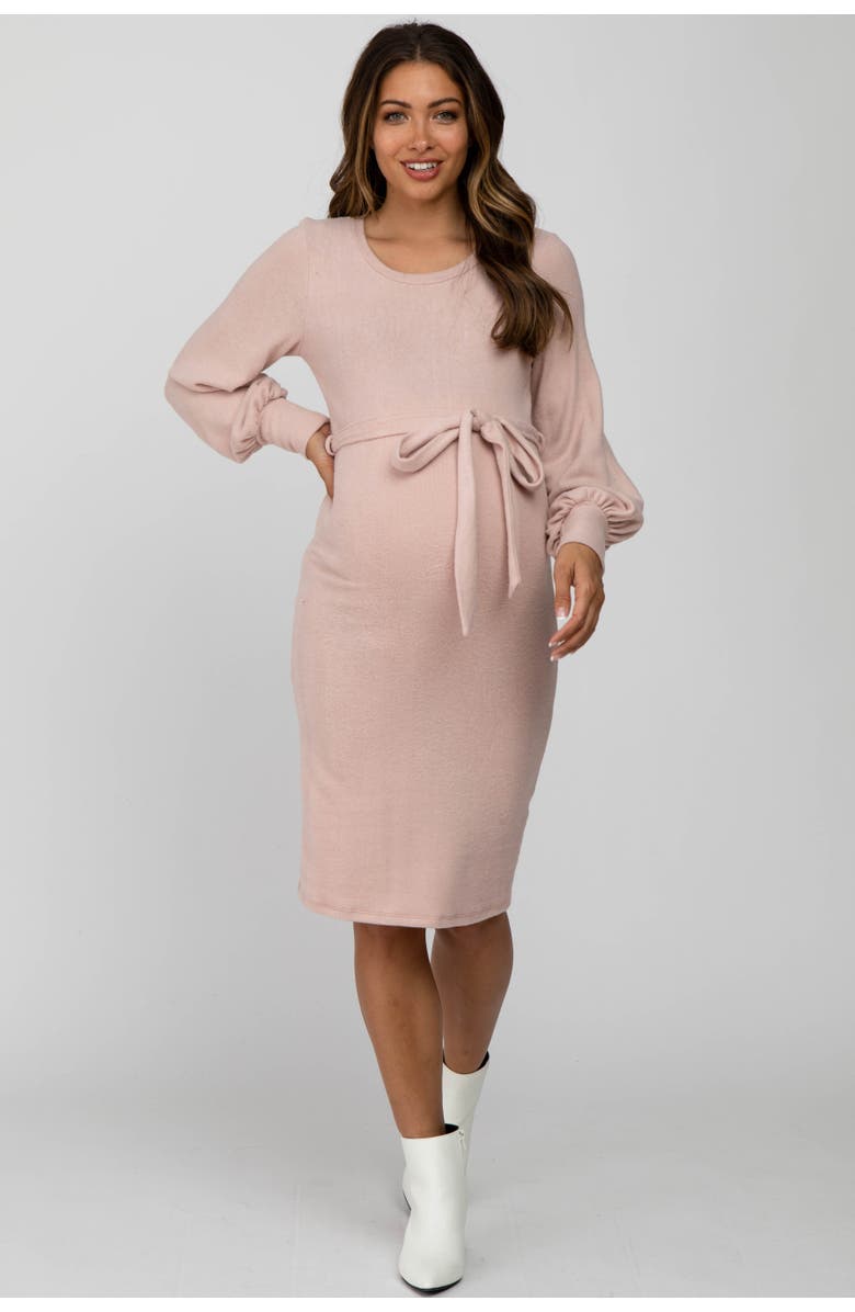 PinkBlush Soft Brushed Waist Tie Bubble Sleeve Dress, Main, color, Pink