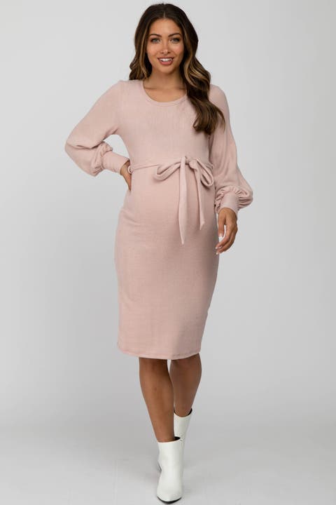 Soft Brushed Waist Tie Bubble Sleeve Dress