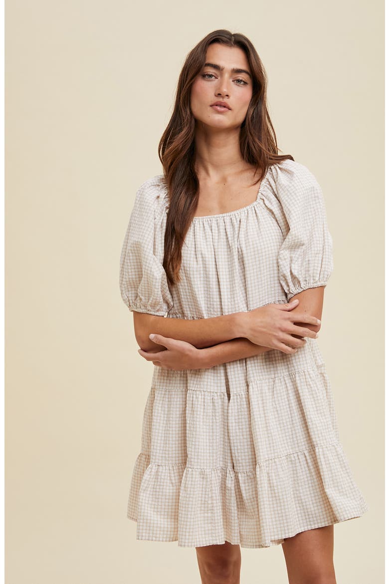 Plaid Puff Sleeve Cotton Blend Tiered Minidress, Alternate, color, CREAM/ TAUPE