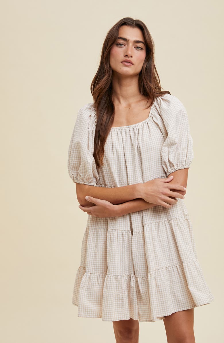 WISHLIST Plaid Puff Sleeve Cotton Blend Tiered Minidress, Alternate, color, Cream/ Taupe