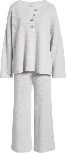 free-est Hailee Waffle Stitch Long Sleeve Top & Wide Leg Pants Knit Set