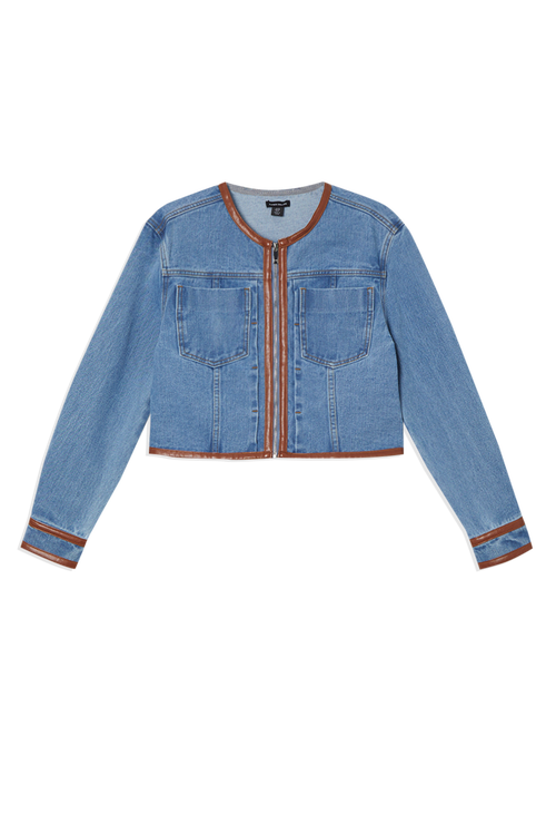 Karen Millen Denim & Leather Collarless Jacket In Blue