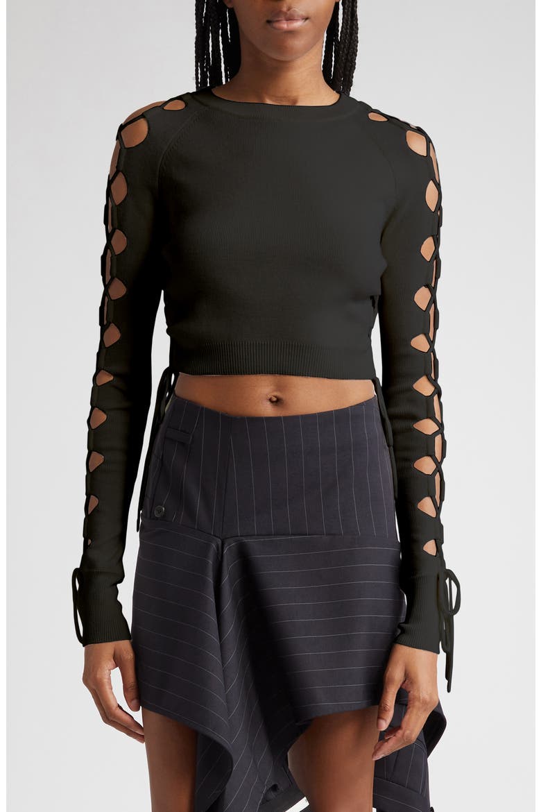 Lace Sleeve Detail Merino Wool Blend Crop Sweater, Main, color, BLACK