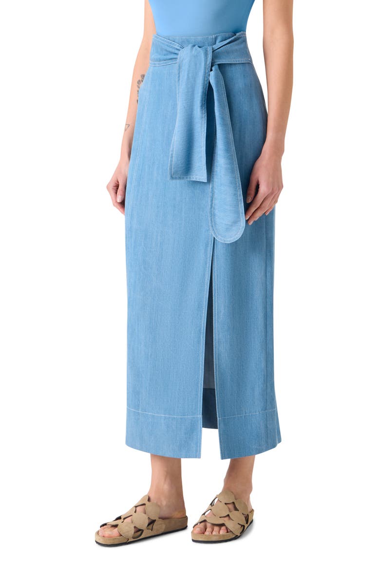 Chambray Faux Wrap Midi Skirt, Alternate, color, SKY BLUE DENIM