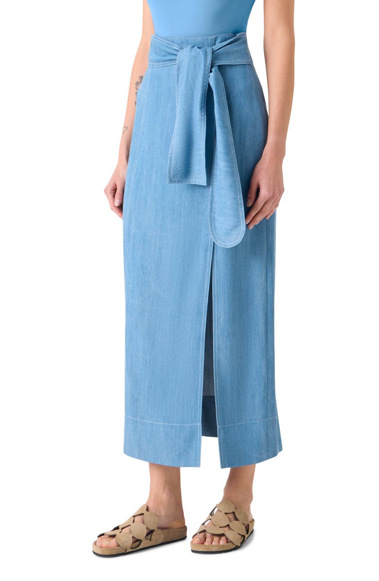 Akris punto Chambray Faux Wrap Midi Skirt, Alternate, color, Sky Blue Denim
