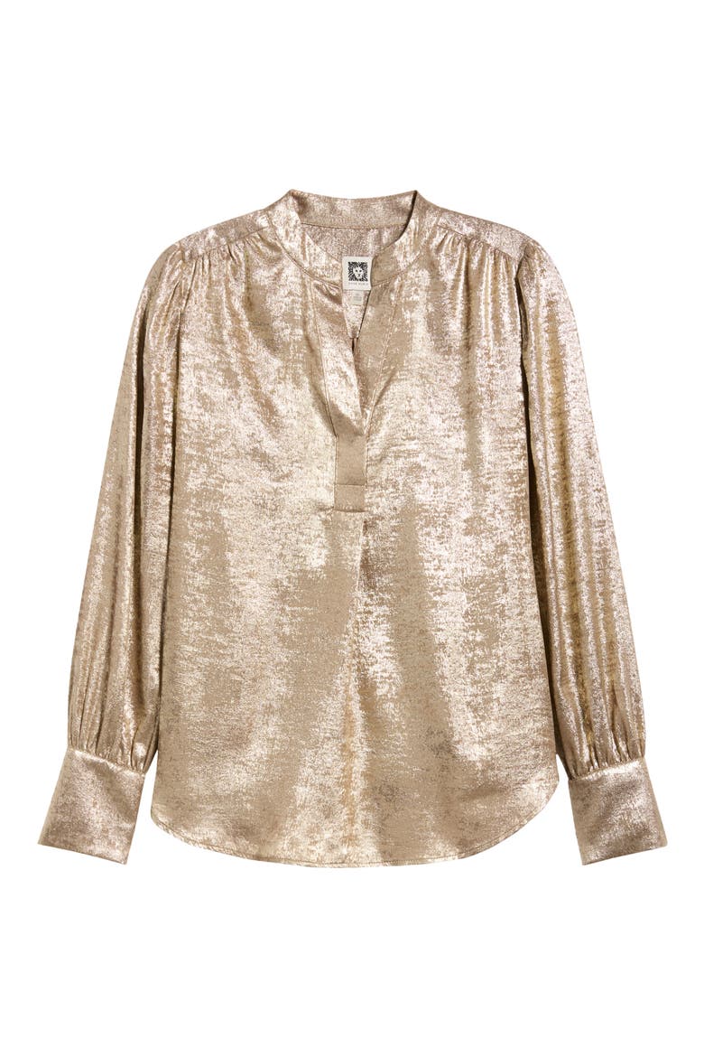 Pleated Front V-Neck Top, Alternate, color, LIGHT COFFEE/ GOLD