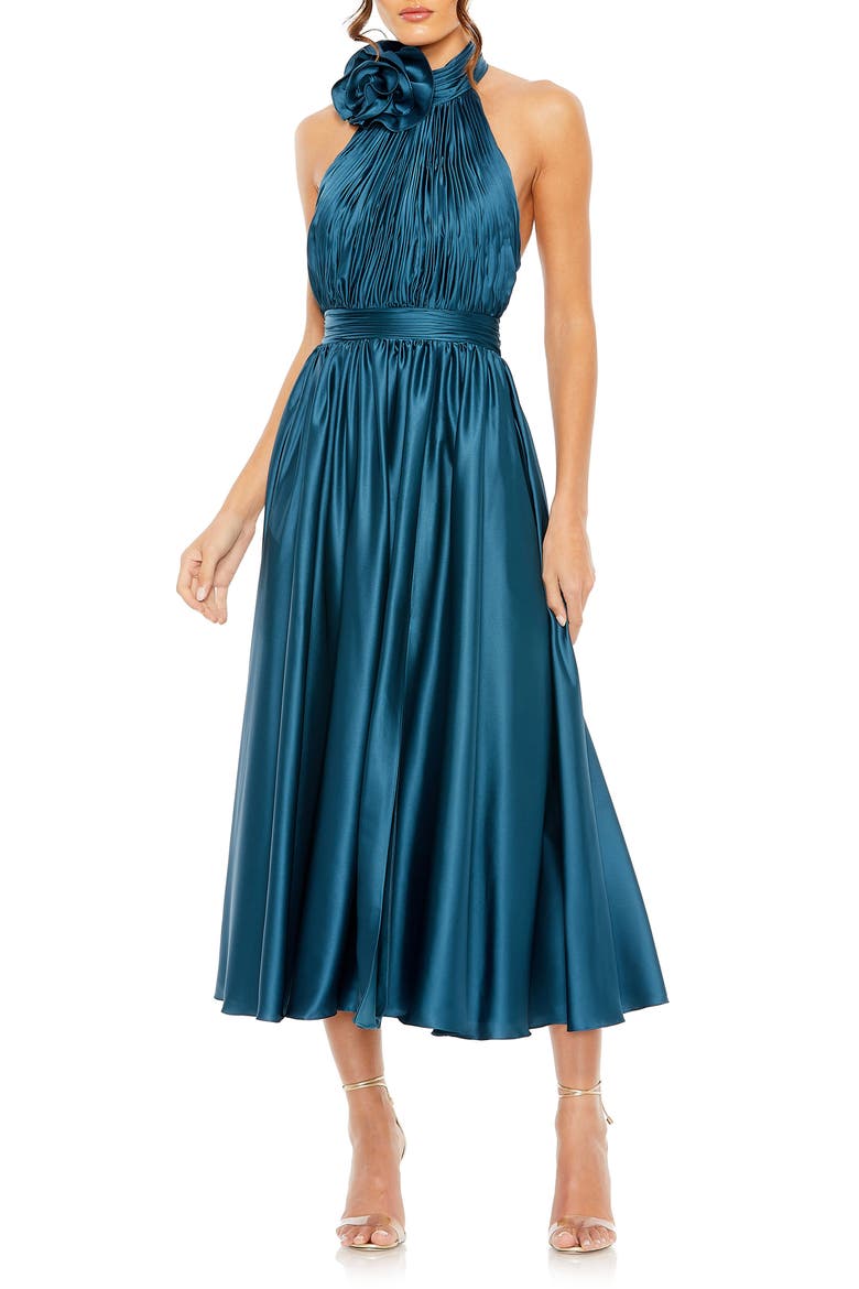 Pleated Charmeuse High Neck Sleeveless Midi Dress, Main, color, OCEAN
