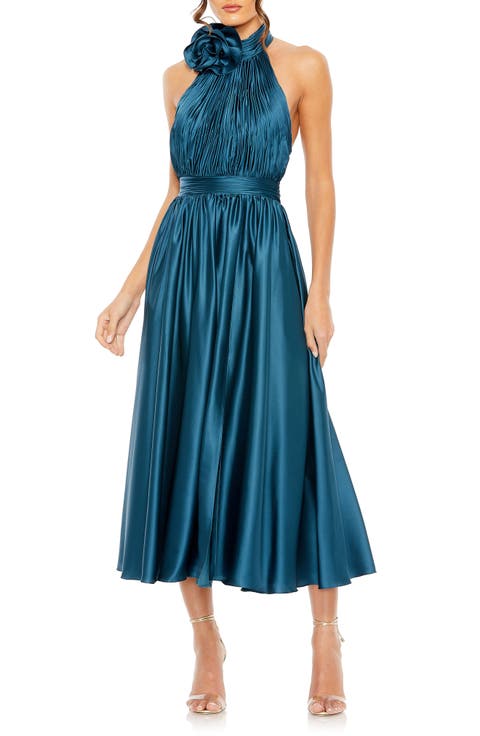 Pleated Charmeuse High Neck Sleeveless Midi Dress
