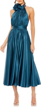 Mac Duggal Pleated Charmeuse High Neck Sleeveless Midi Dress