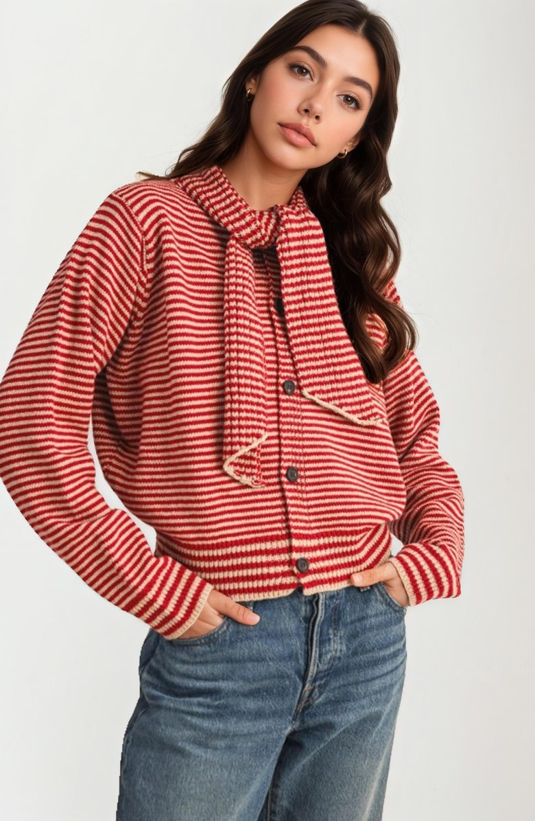 Knit and Lounge Striped Knit Button Tie-Neck Scarf Cardigan, Alternate, color, Red / Off-White Stripes
