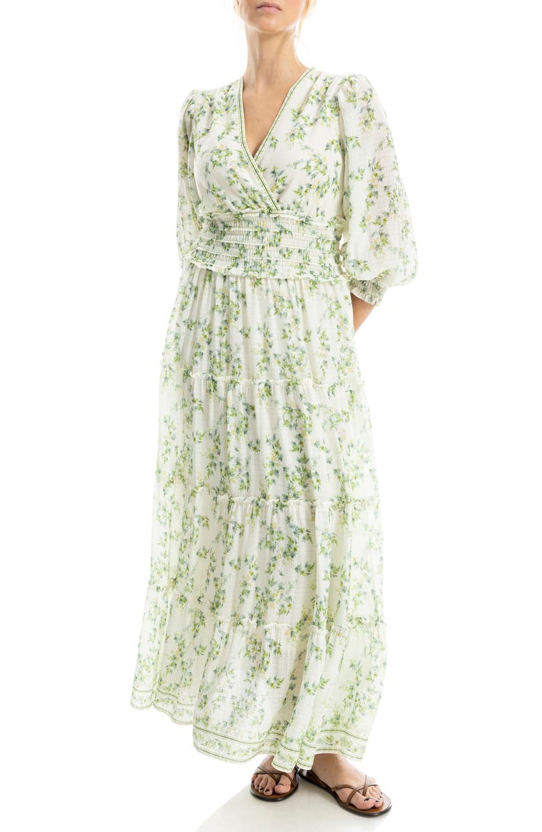 MAX STUDIO Surplice Neck Smocked Waist Maxi Dress, Alternate, color, Cream/ Green Whirling Foliages