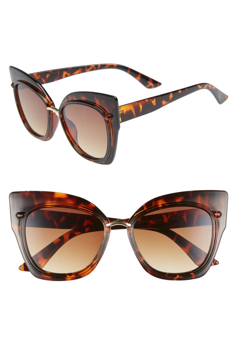 55mm Dual Oversized Cat Eye Sunglasses, Main, color, BROWN