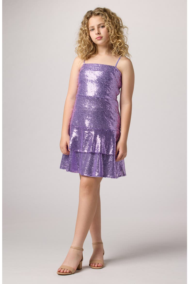 Sequin Bow Back Tiered Dress, Main, color, LILAC