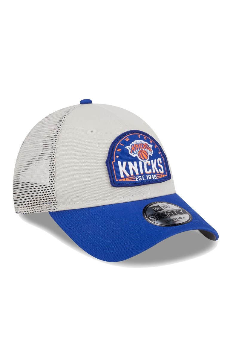 New Era Men's New Era Khaki/Blue New York Knicks Throwback Patch Trucker 9FORTY Adjustable Hat, Alternate, color,