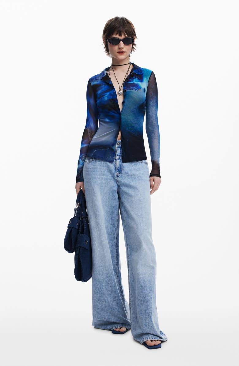 Desigual Prink Mesh Button-Up Shirt, Alternate, color, 