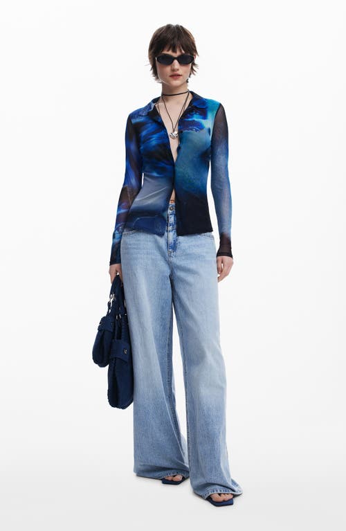 Desigual Prink Mesh Button-up Shirt In Ink Blue