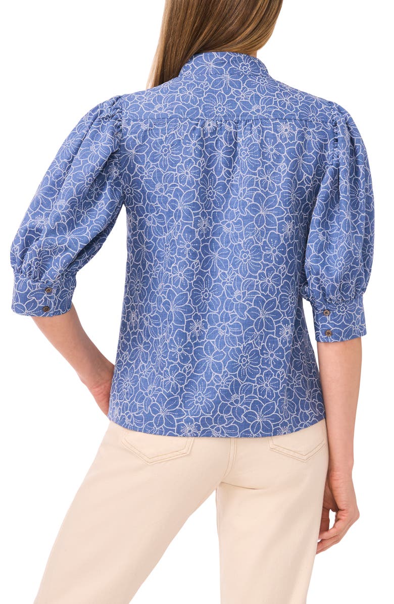CeCe Daisy Puff Sleeve Chambray Button-Up Shirt, Alternate, color, Classic Navy