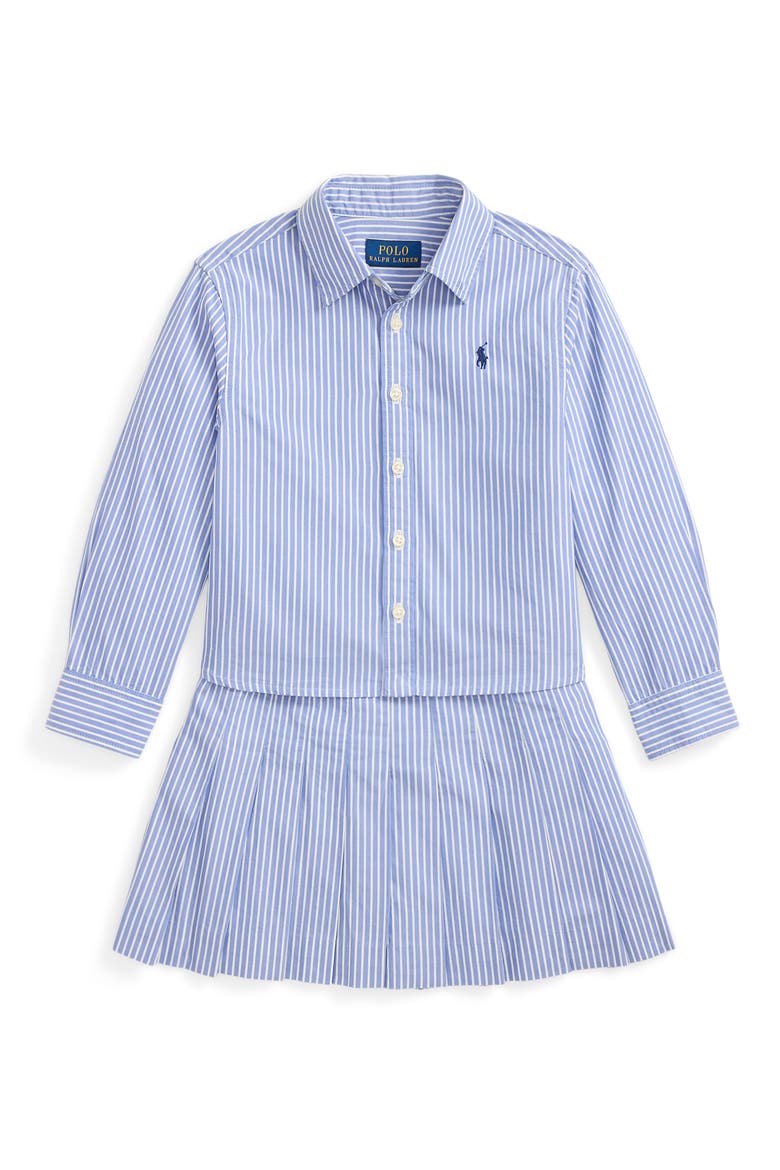 Kids' Stripe Cotton Poplin Button-Up Shirt & Skirt, Main, color, BLUE WHITE