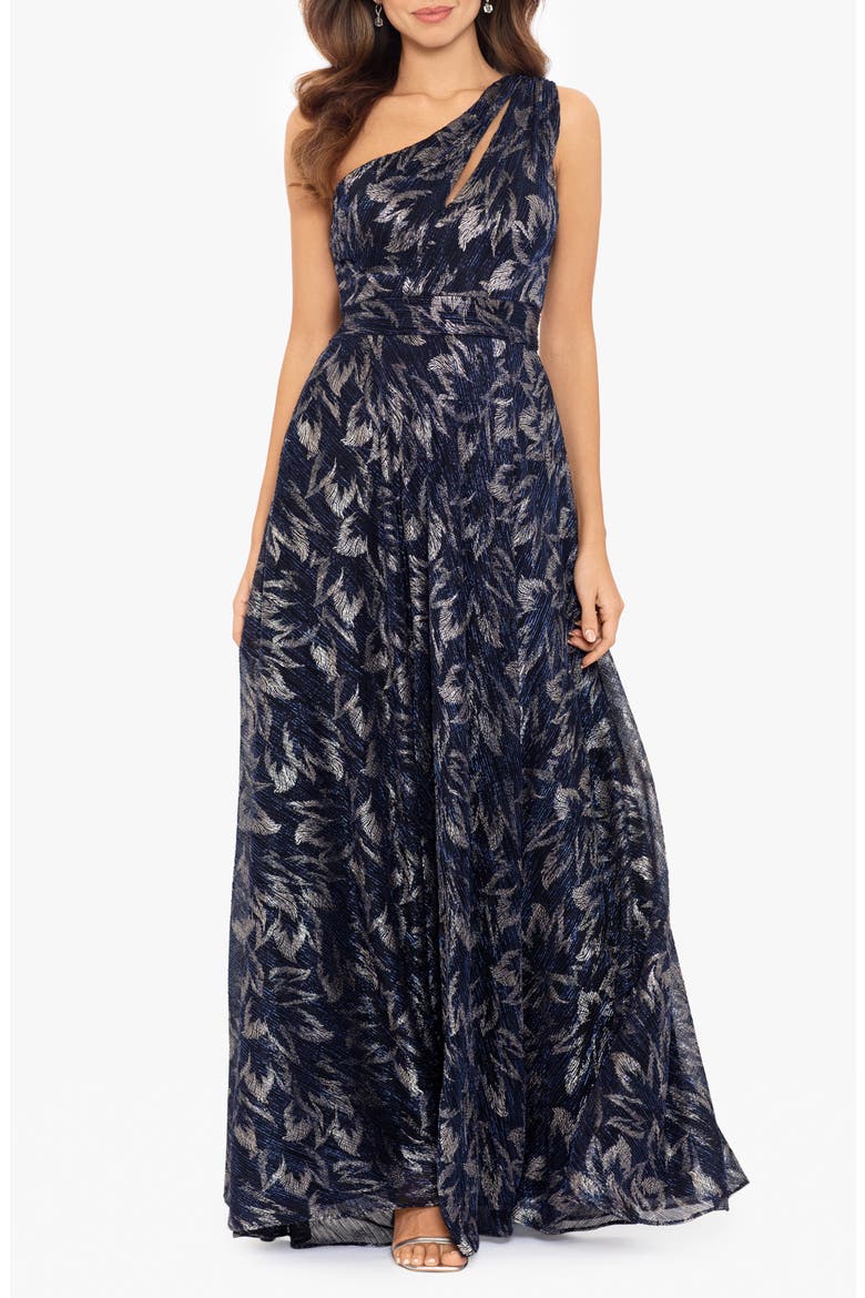 Galaxy Metallic One-Shoulder Gown, Main, color, NAVY/ GUNMETAL