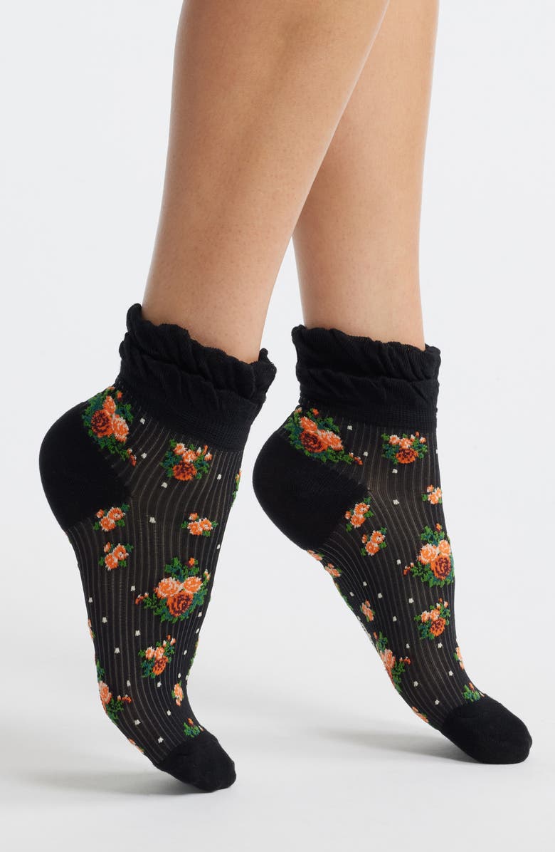 Stems Anna Floral Ruffle Cotton Blend Ankle Socks, Main, color, Black