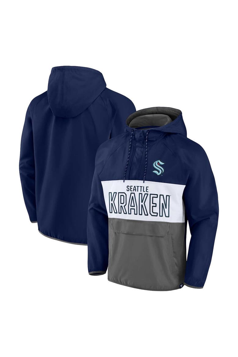 Men's Fanatics Branded Deep Sea Blue/Gray Seattle Kraken Backhand Shooter Defender Anorak Raglan Hoodie Quarter-Zip Jacket, Main, color, Navy