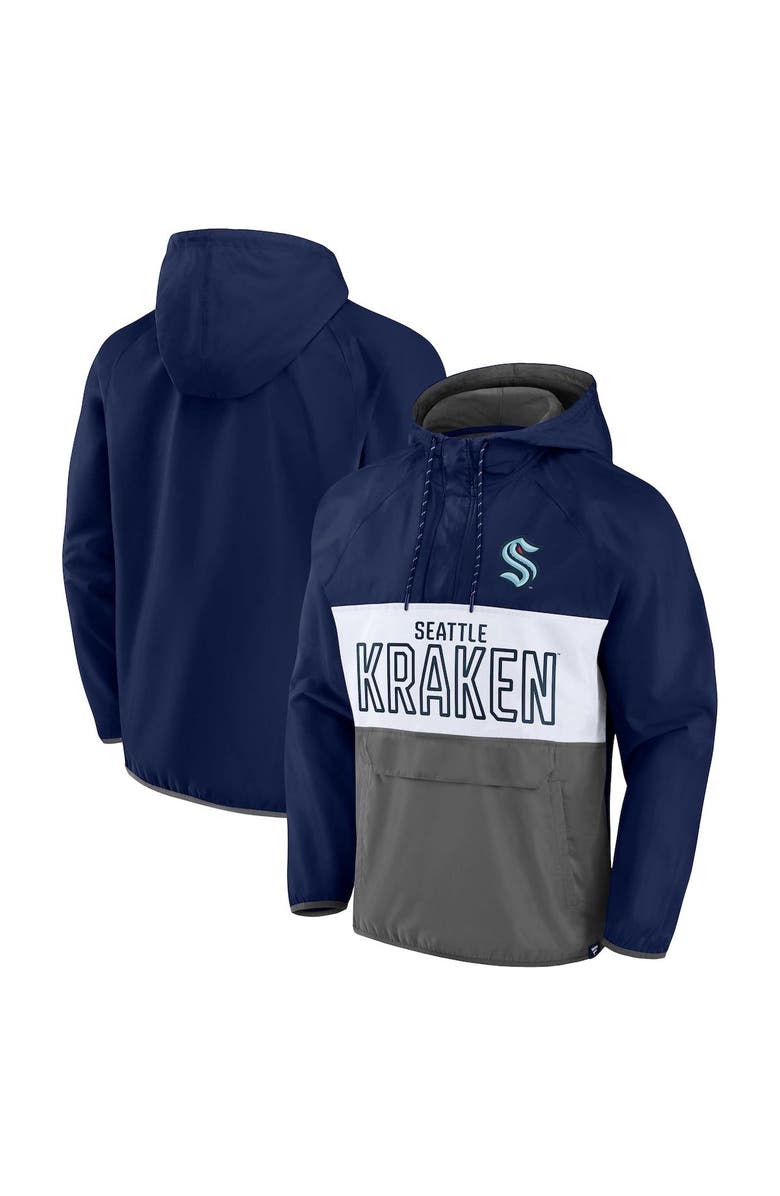 FANATICS Men's Fanatics Branded Deep Sea Blue/Gray Seattle Kraken Backhand Shooter Defender Anorak Raglan Hoodie Quarter-Zip Jacket, Main, color, Navy