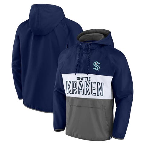 Men's Fanatics Branded Deep Sea Blue/Gray Seattle Kraken Backhand Shooter Defender Anorak Raglan Hoodie Quarter-Zip Jacket