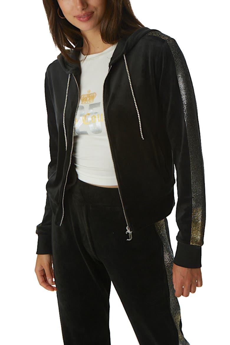 Anniversary Velour Hooded Zip Track Jacket, Main, color, BLACK