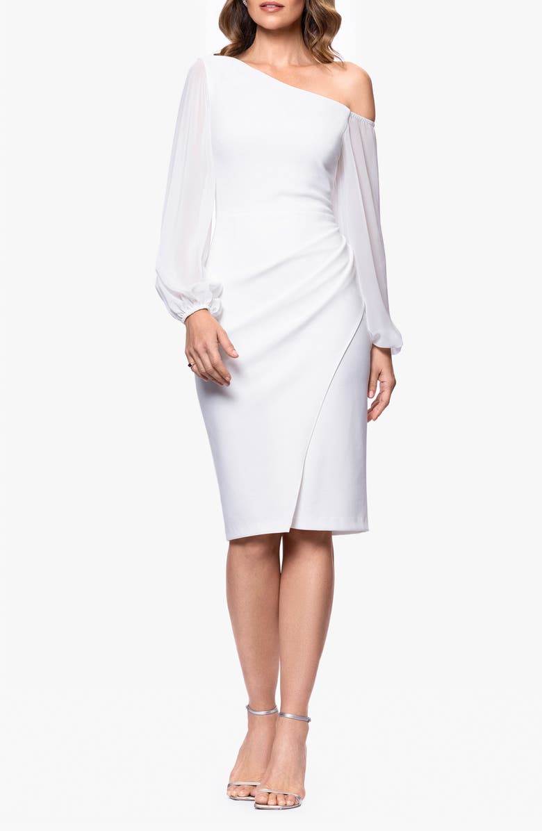 Betsy & Adam Sheer Sleeve One-Shoulder Scuba Crepe Cocktail Dress, Main, color, Ivory