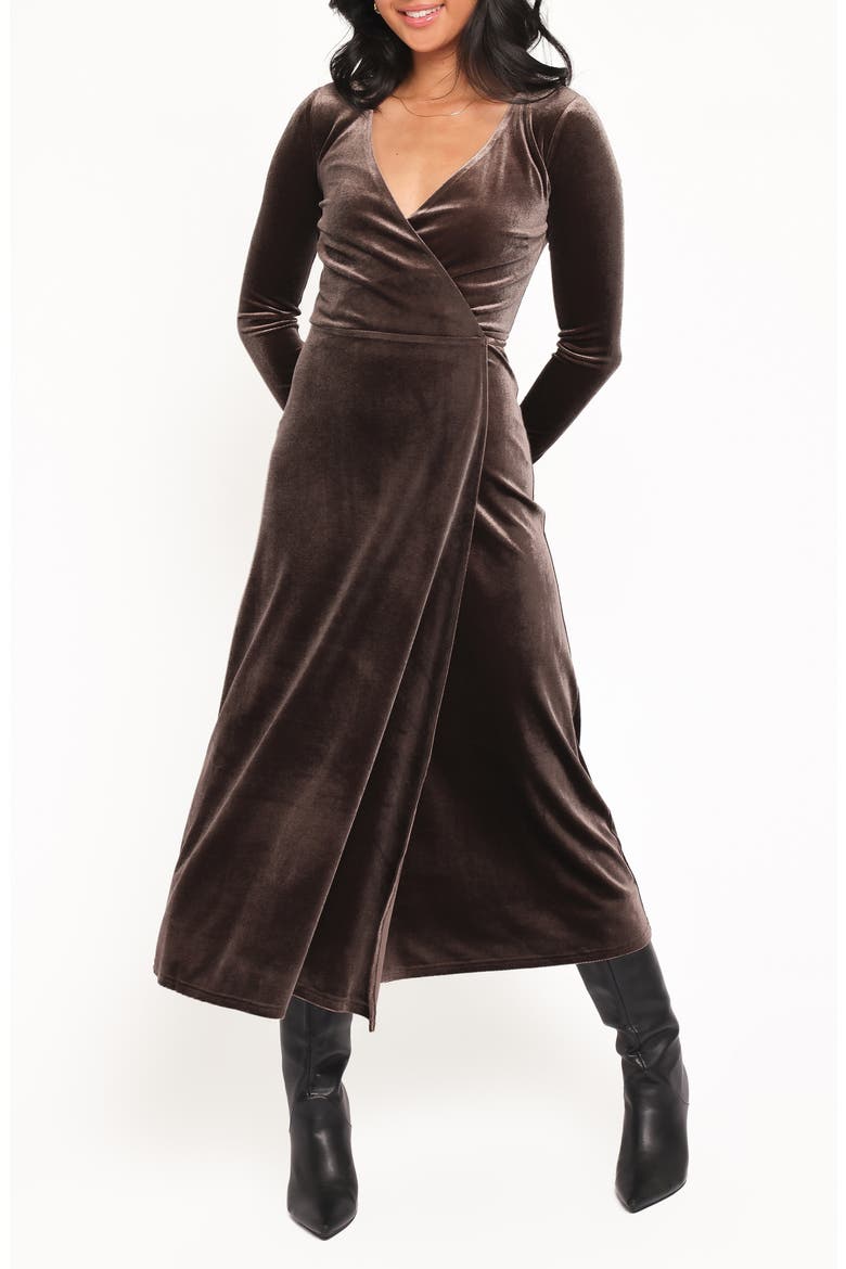 Darby Long Sleeve Velvet Midi Wrap Dress, Main, color, DARK BROWN